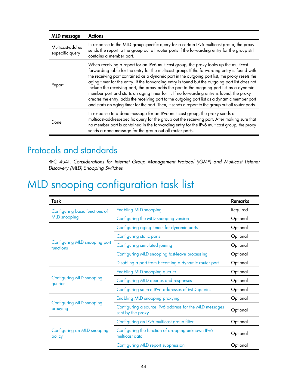 Protocols and standards, Mld snooping configuration task list | H3C Technologies H3C WX3000E Series Wireless Switches User Manual | Page 53 / 111