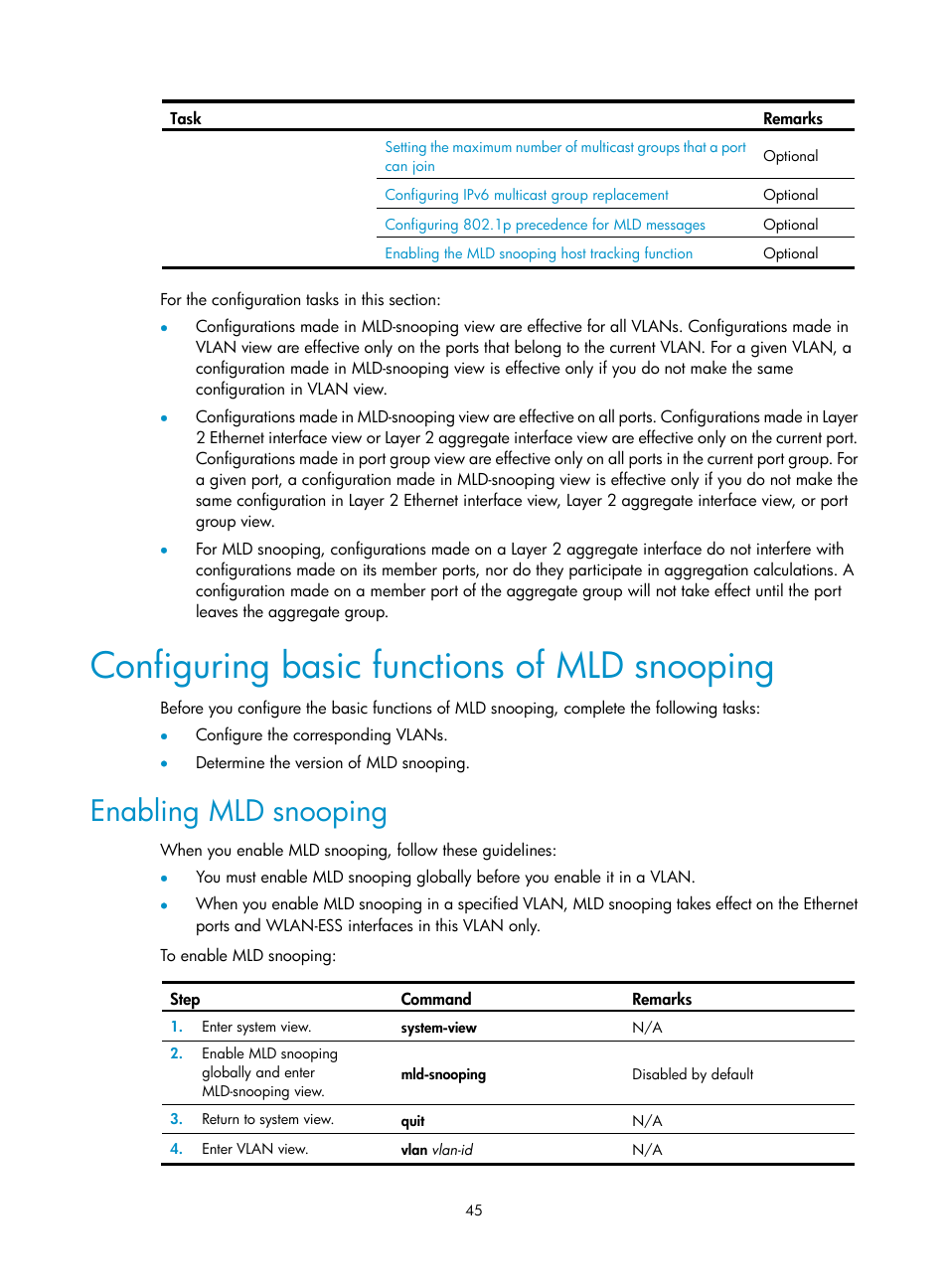 Configuring basic functions of mld snooping, Enabling mld snooping | H3C Technologies H3C WX3000E Series Wireless Switches User Manual | Page 54 / 111