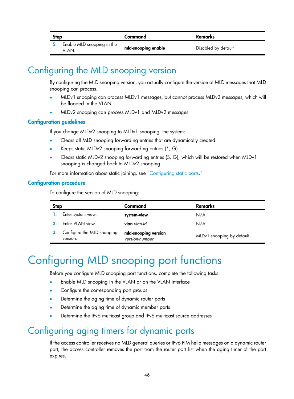 Configuring the mld snooping version, Configuration guidelines, Configuration procedure | Configuring mld snooping port functions, Configuring aging timers for dynamic ports | H3C Technologies H3C WX3000E Series Wireless Switches User Manual | Page 55 / 111