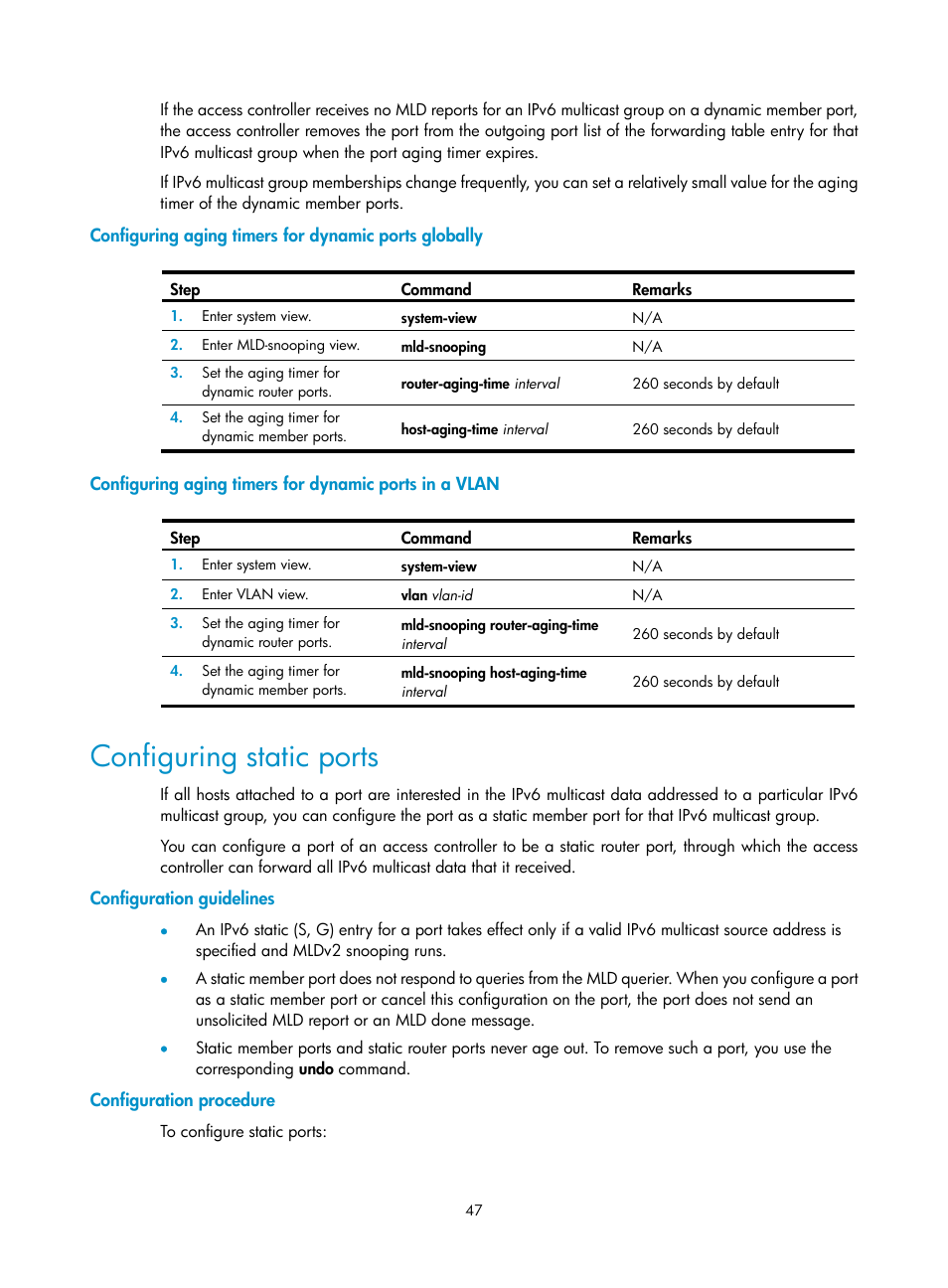 Configuring static ports, Configuration guidelines, Configuration procedure | H3C Technologies H3C WX3000E Series Wireless Switches User Manual | Page 56 / 111