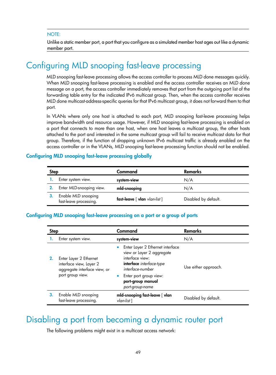 Configuring mld snooping fast-leave processing | H3C Technologies H3C WX3000E Series Wireless Switches User Manual | Page 58 / 111
