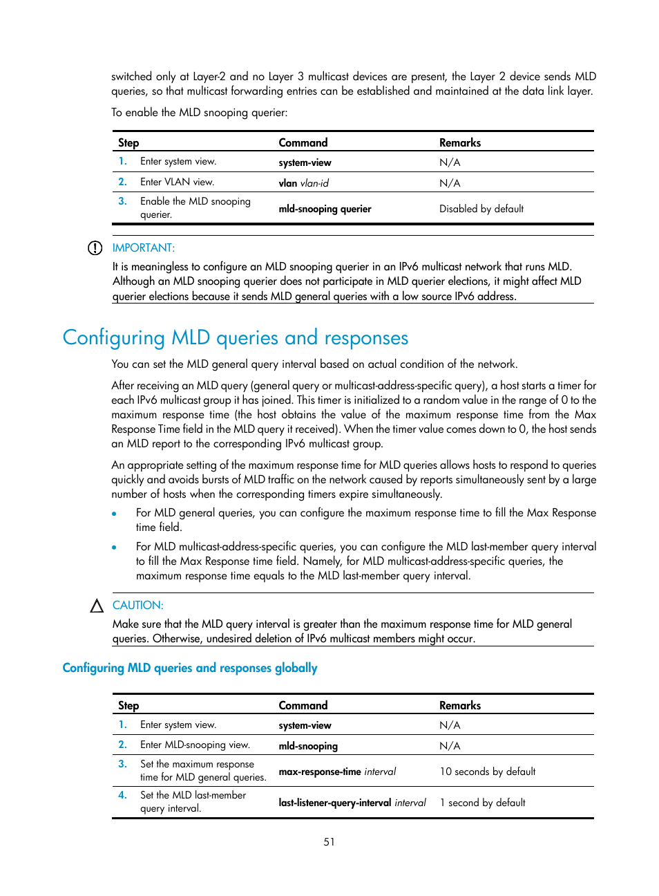 Configuring mld queries and responses, Configuring mld queries and responses globally | H3C Technologies H3C WX3000E Series Wireless Switches User Manual | Page 60 / 111