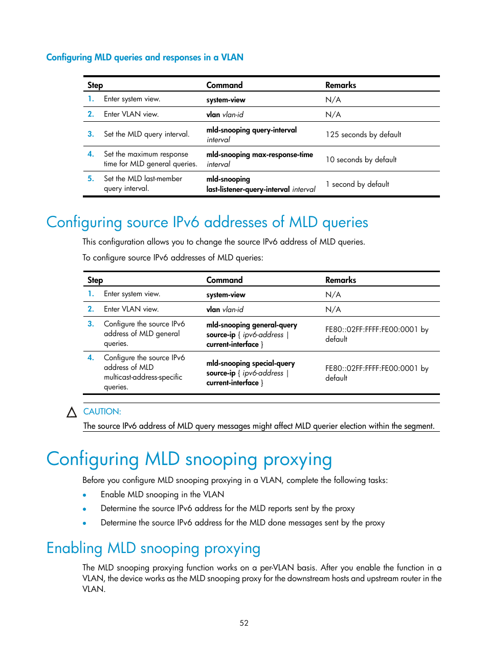 Configuring mld queries and responses in a vlan, Configuring source ipv6 addresses of mld queries, Configuring mld snooping proxying | Enabling mld snooping proxying | H3C Technologies H3C WX3000E Series Wireless Switches User Manual | Page 61 / 111