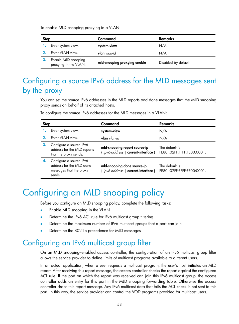 Configuring an mld snooping policy, Configuring an ipv6 multicast group filter | H3C Technologies H3C WX3000E Series Wireless Switches User Manual | Page 62 / 111
