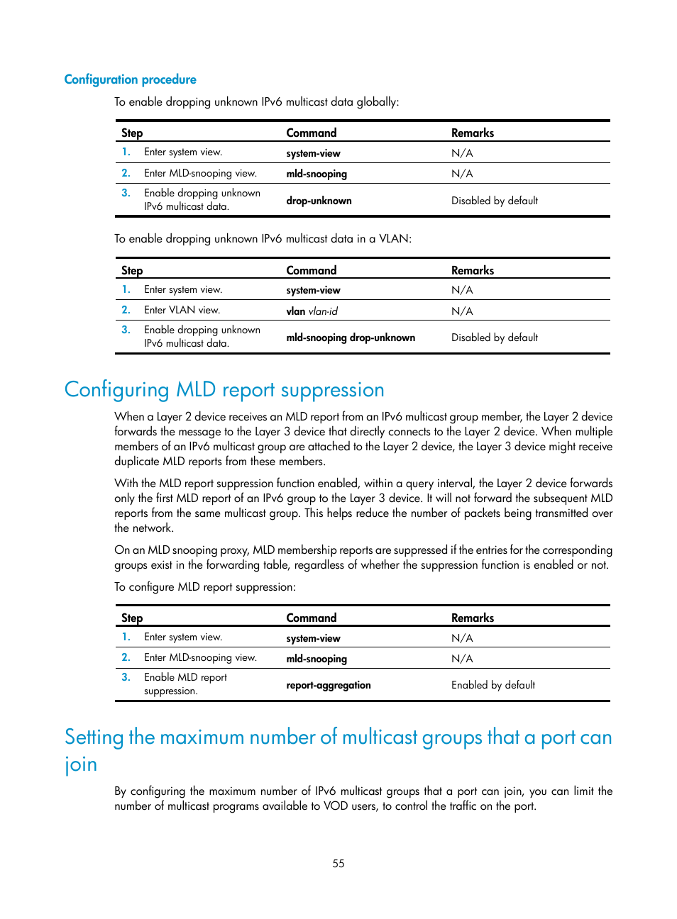 Configuration procedure, Configuring mld report suppression | H3C Technologies H3C WX3000E Series Wireless Switches User Manual | Page 64 / 111