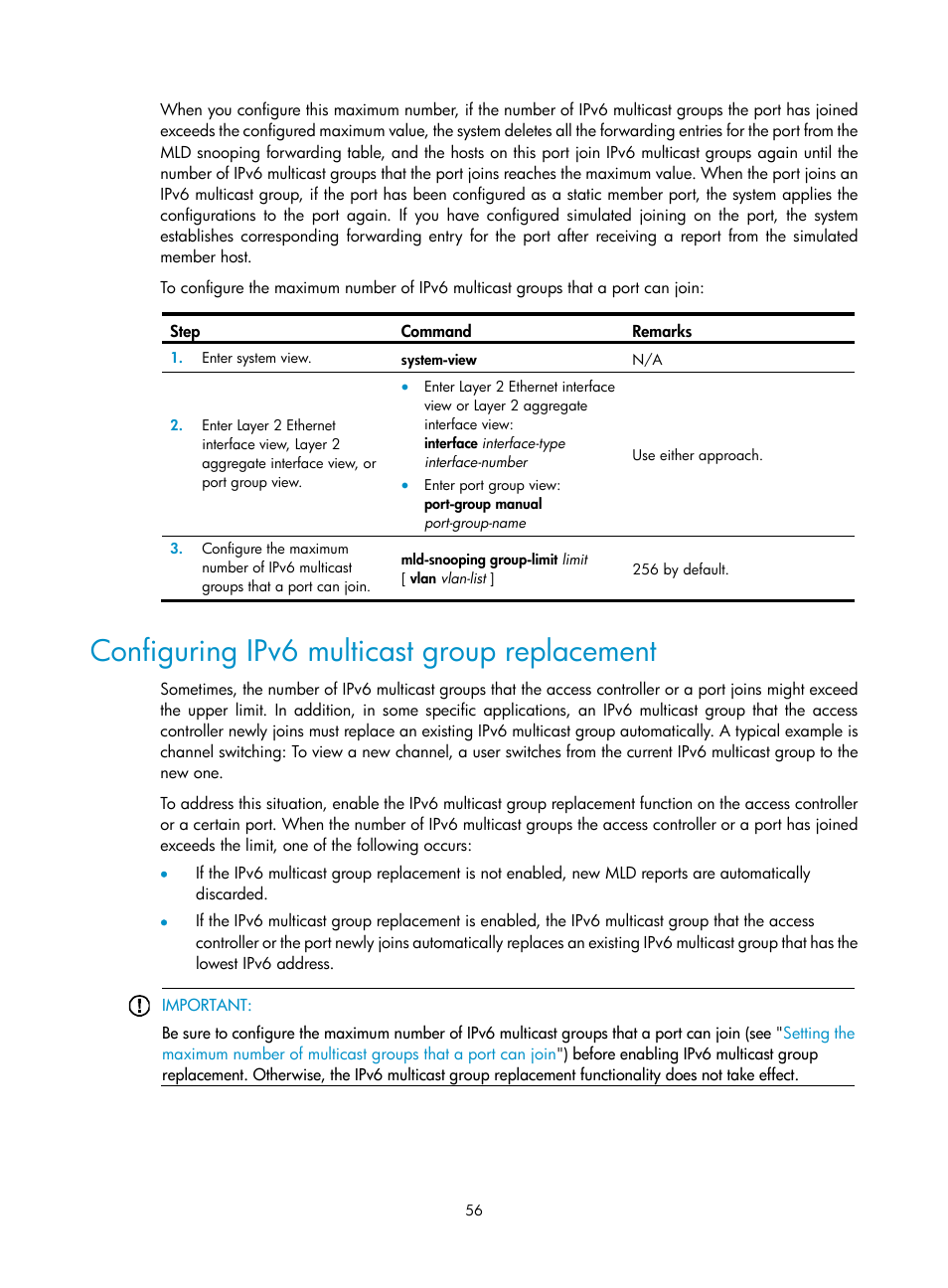 Configuring ipv6 multicast group replacement | H3C Technologies H3C WX3000E Series Wireless Switches User Manual | Page 65 / 111
