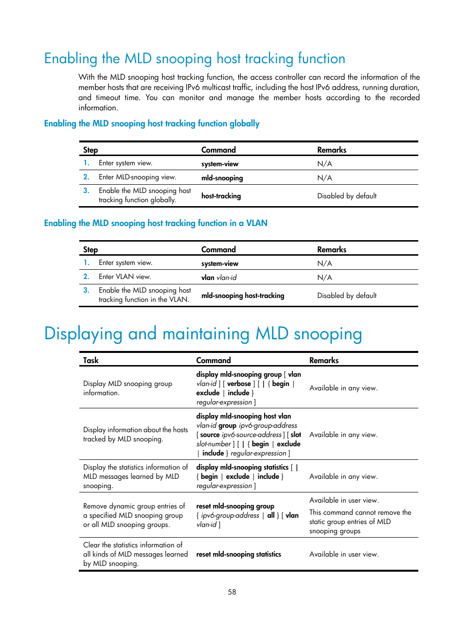 Enabling the mld snooping host tracking function, Displaying and maintaining mld snooping | H3C Technologies H3C WX3000E Series Wireless Switches User Manual | Page 67 / 111