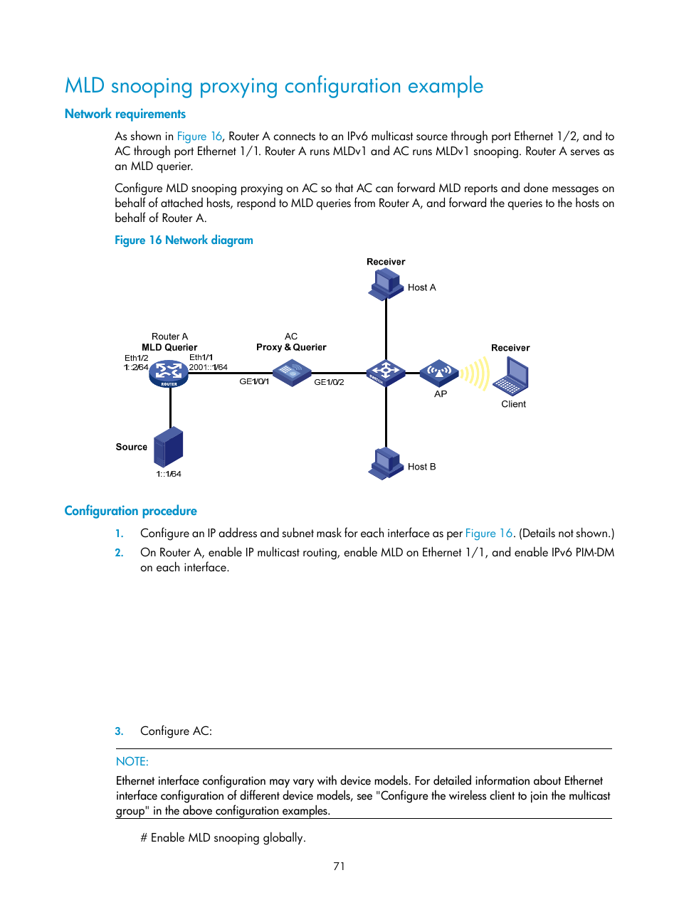 Mld snooping proxying configuration example, Network requirements, Configuration procedure | H3C Technologies H3C WX3000E Series Wireless Switches User Manual | Page 80 / 111