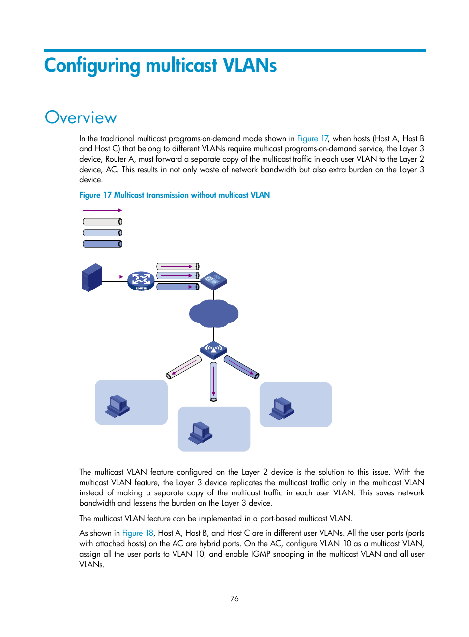 Configuring multicast vlans, Overview | H3C Technologies H3C WX3000E Series Wireless Switches User Manual | Page 85 / 111