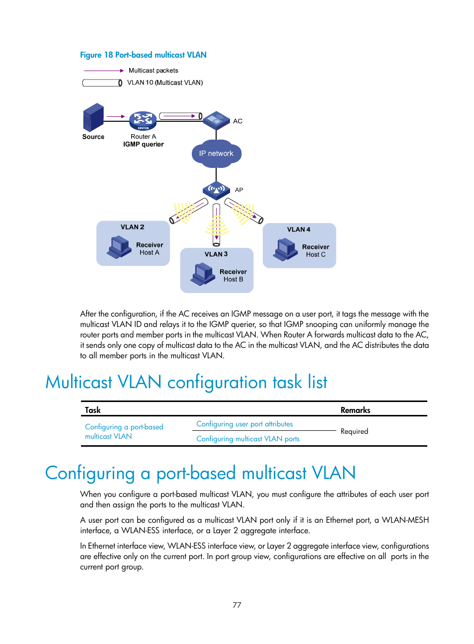 Multicast vlan configuration task list, Configuring a port-based multicast vlan | H3C Technologies H3C WX3000E Series Wireless Switches User Manual | Page 86 / 111