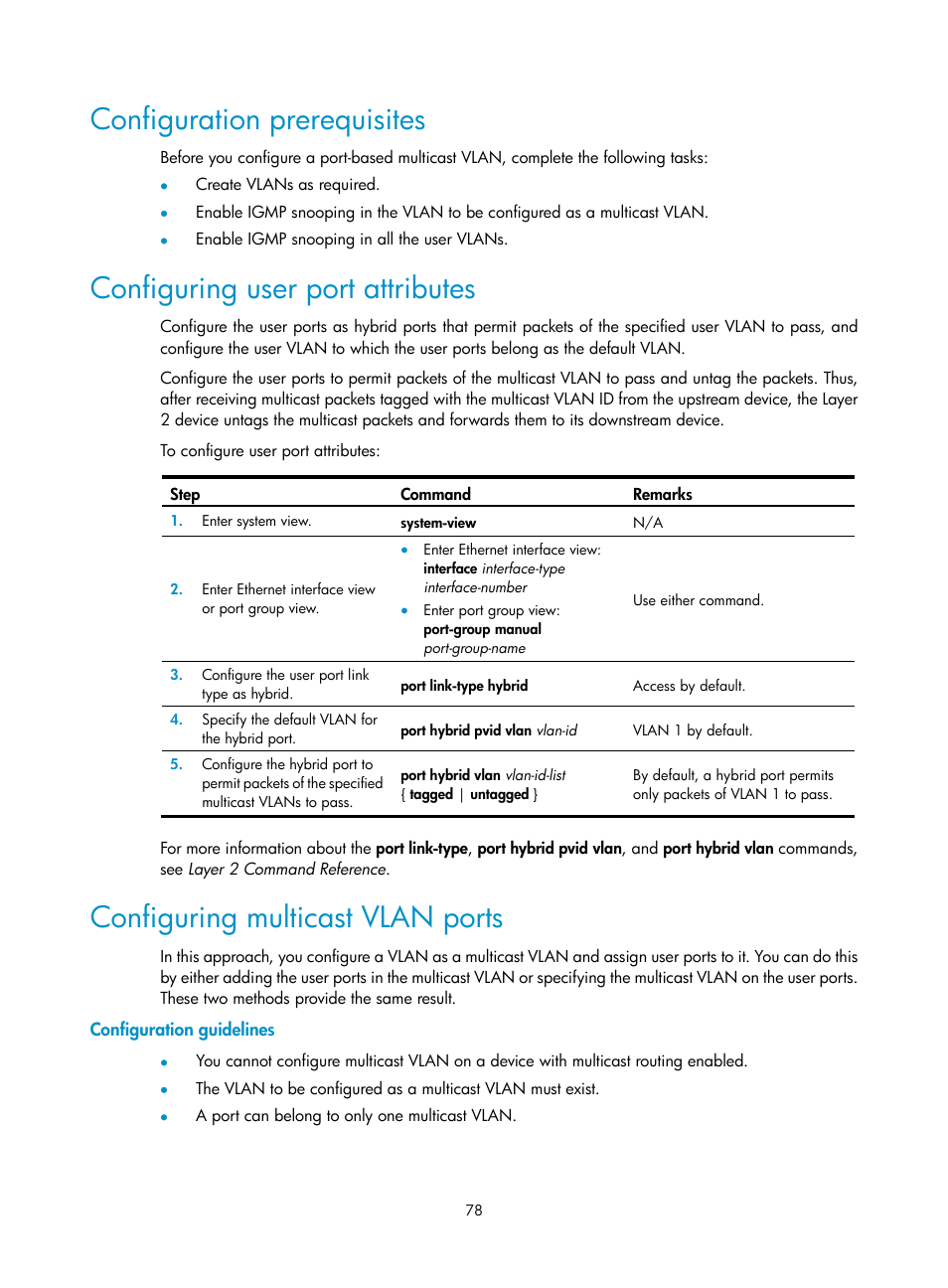 Configuration prerequisites, Configuring user port attributes, Configuring multicast vlan ports | Configuration guidelines | H3C Technologies H3C WX3000E Series Wireless Switches User Manual | Page 87 / 111