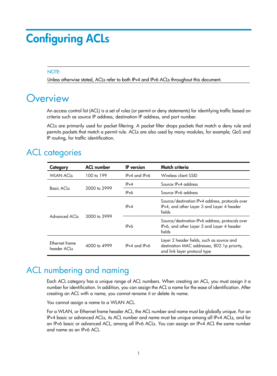 Configuring acls, Overview, Acl categories | Acl numbering and naming | H3C Technologies H3C WX3000E Series Wireless Switches User Manual | Page 10 / 63