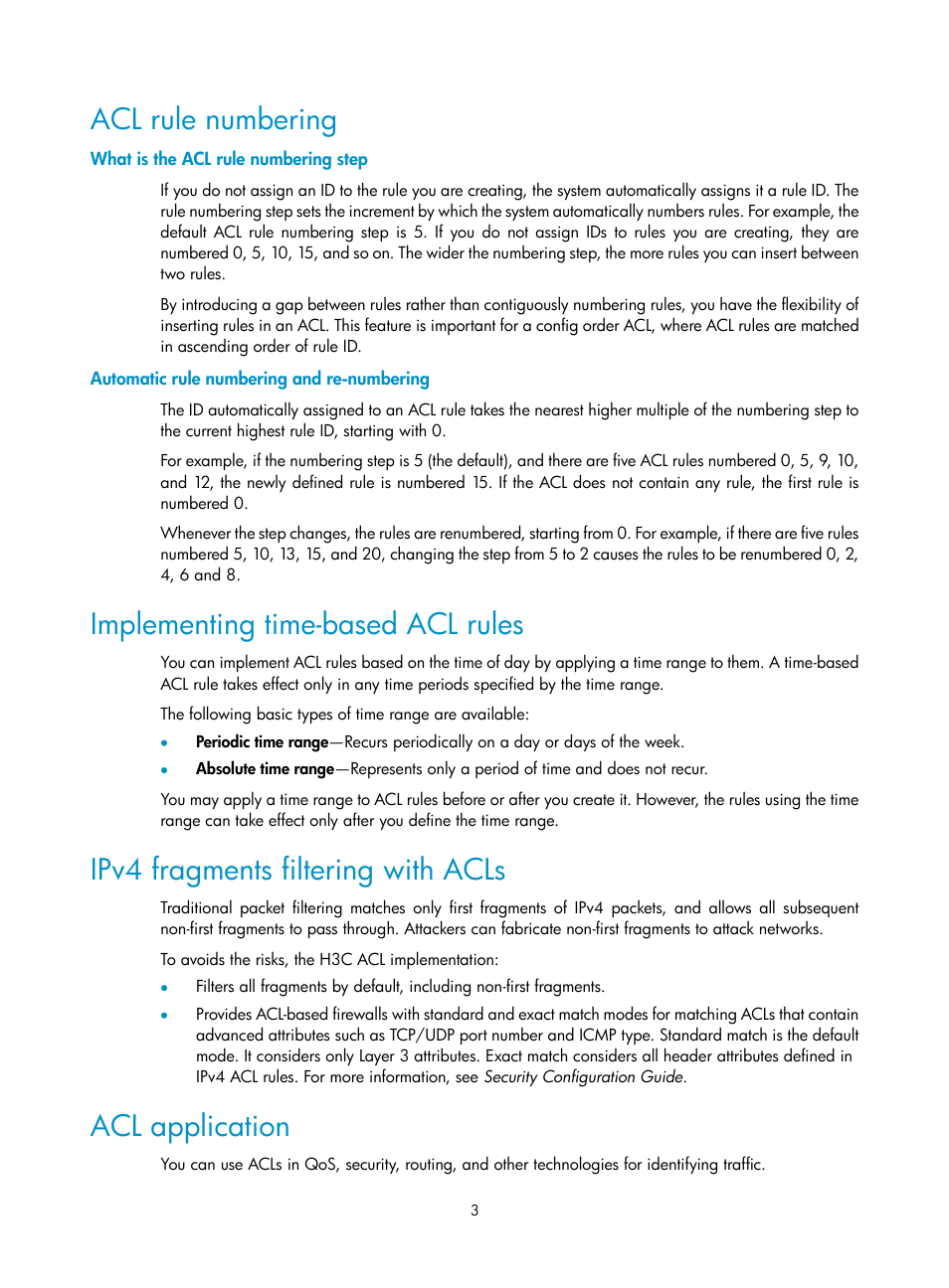 Acl rule numbering, What is the acl rule numbering step, Automatic rule numbering and re-numbering | Implementing time-based acl rules, Ipv4 fragments filtering with acls, Acl application | H3C Technologies H3C WX3000E Series Wireless Switches User Manual | Page 12 / 63