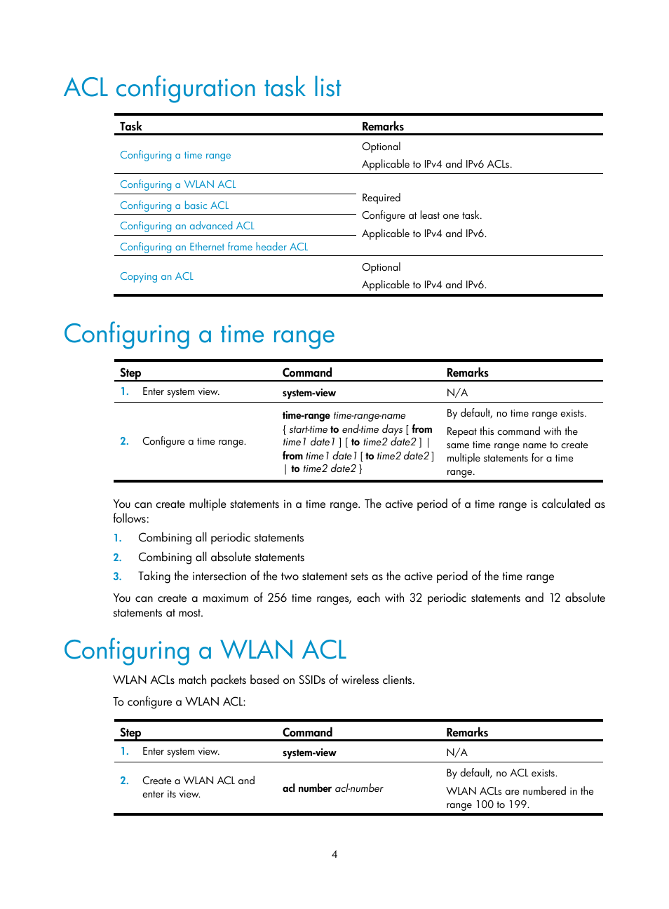 Acl configuration task list, Configuring a time range, Configuring a wlan acl | H3C Technologies H3C WX3000E Series Wireless Switches User Manual | Page 13 / 63