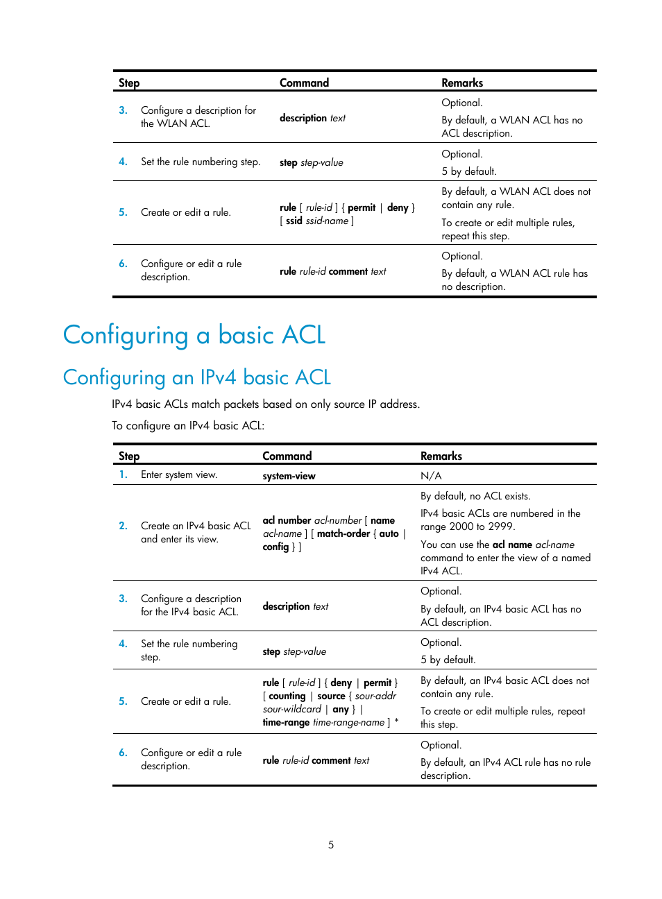 Configuring a basic acl, Configuring an ipv4 basic acl | H3C Technologies H3C WX3000E Series Wireless Switches User Manual | Page 14 / 63