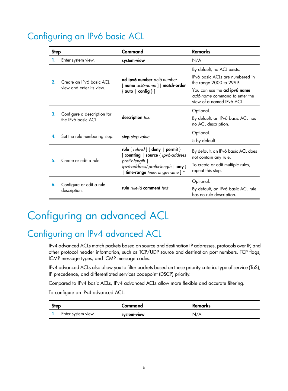 Configuring an ipv6 basic acl, Configuring an advanced acl, Configuring an ipv4 advanced acl | H3C Technologies H3C WX3000E Series Wireless Switches User Manual | Page 15 / 63