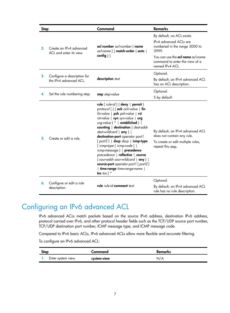 Configuring an ipv6 advanced acl | H3C Technologies H3C WX3000E Series Wireless Switches User Manual | Page 16 / 63