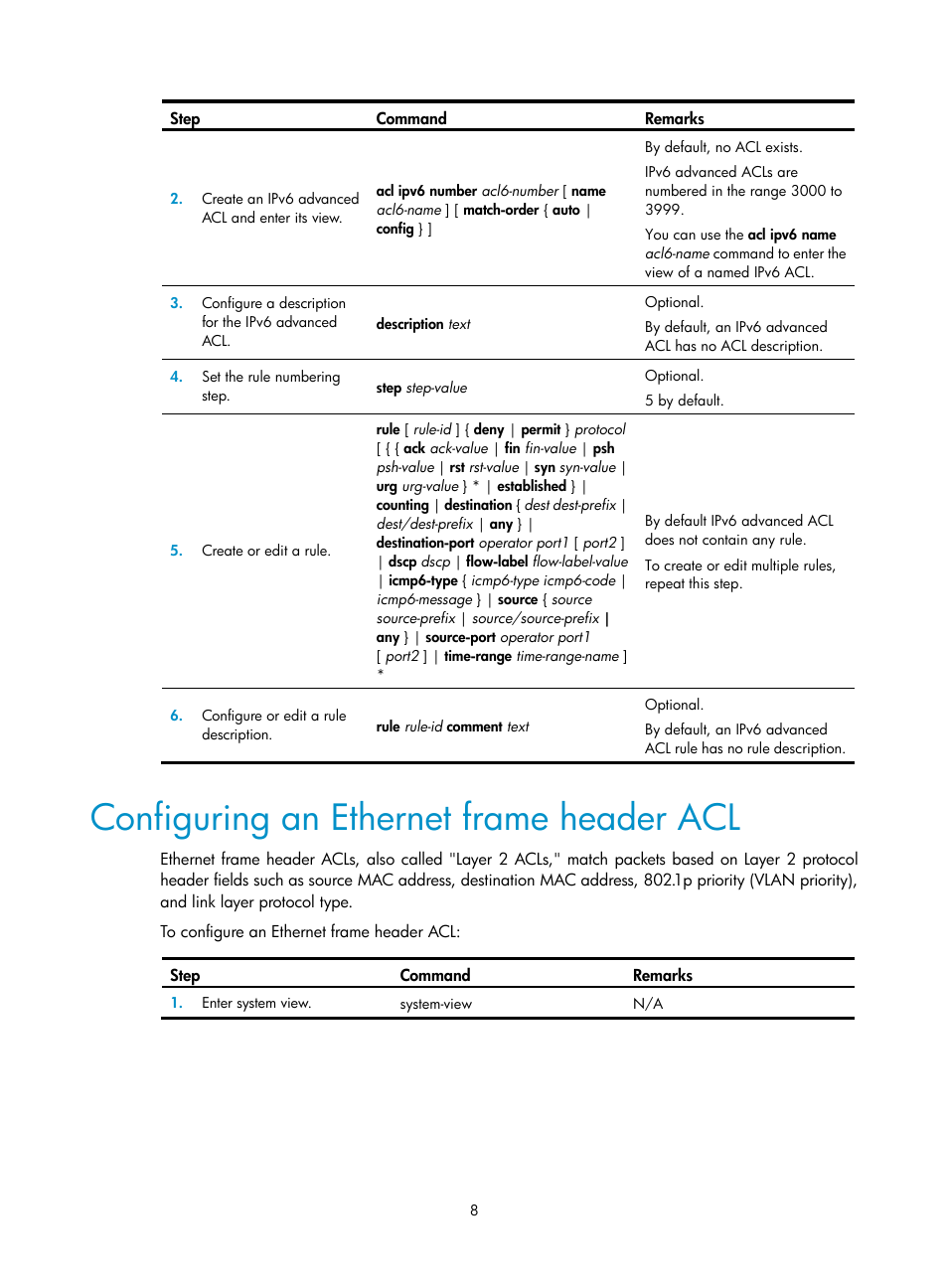 Configuring an ethernet frame header acl | H3C Technologies H3C WX3000E Series Wireless Switches User Manual | Page 17 / 63