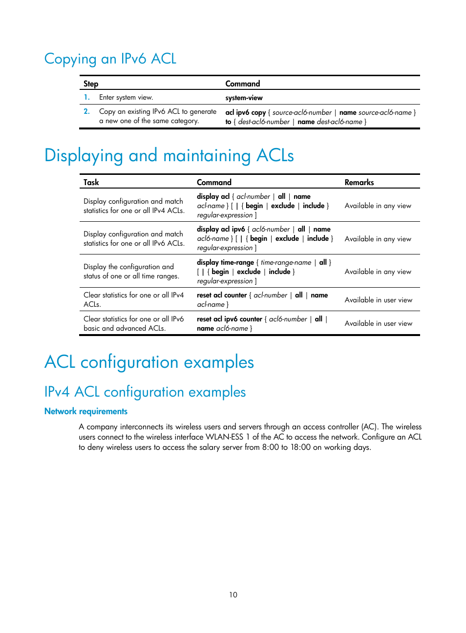 Copying an ipv6 acl, Displaying and maintaining acls, Acl configuration examples | Ipv4 acl configuration examples, Network requirements | H3C Technologies H3C WX3000E Series Wireless Switches User Manual | Page 19 / 63