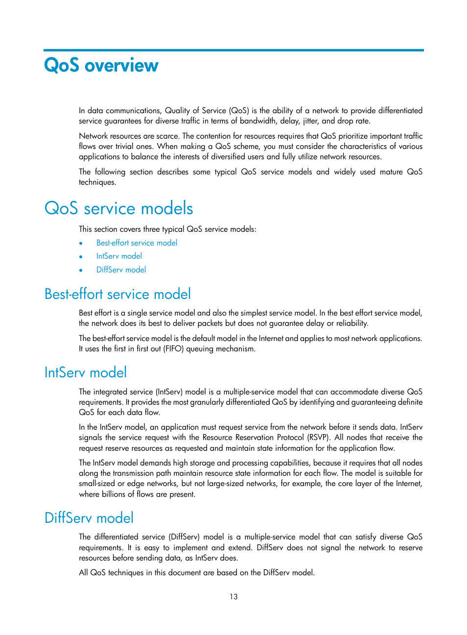 Qos overview, Qos service models, Best-effort service model | Intserv model, Diffserv model | H3C Technologies H3C WX3000E Series Wireless Switches User Manual | Page 22 / 63