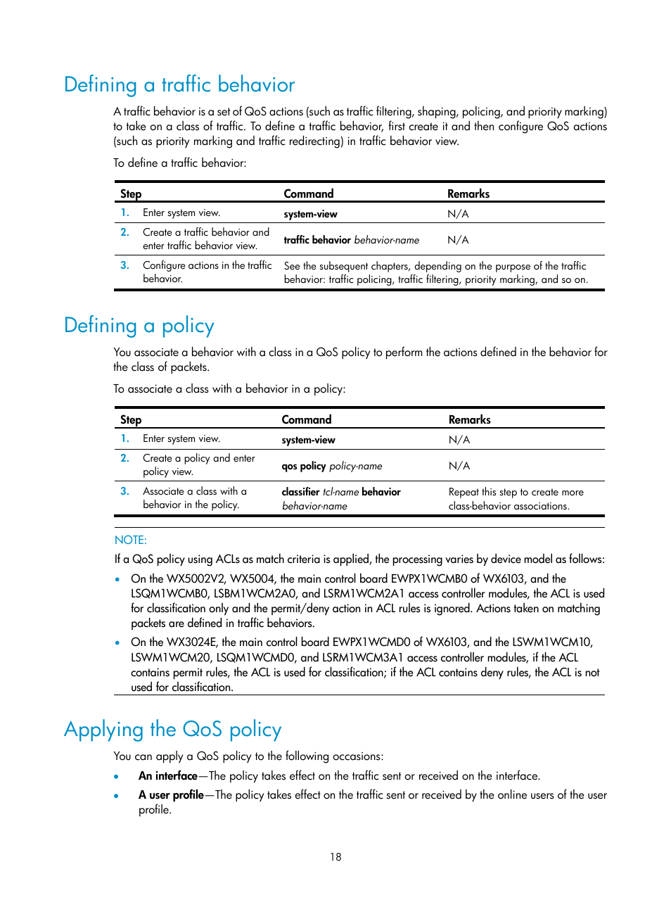 Defining a traffic behavior, Defining a policy, Applying the qos policy | H3C Technologies H3C WX3000E Series Wireless Switches User Manual | Page 27 / 63