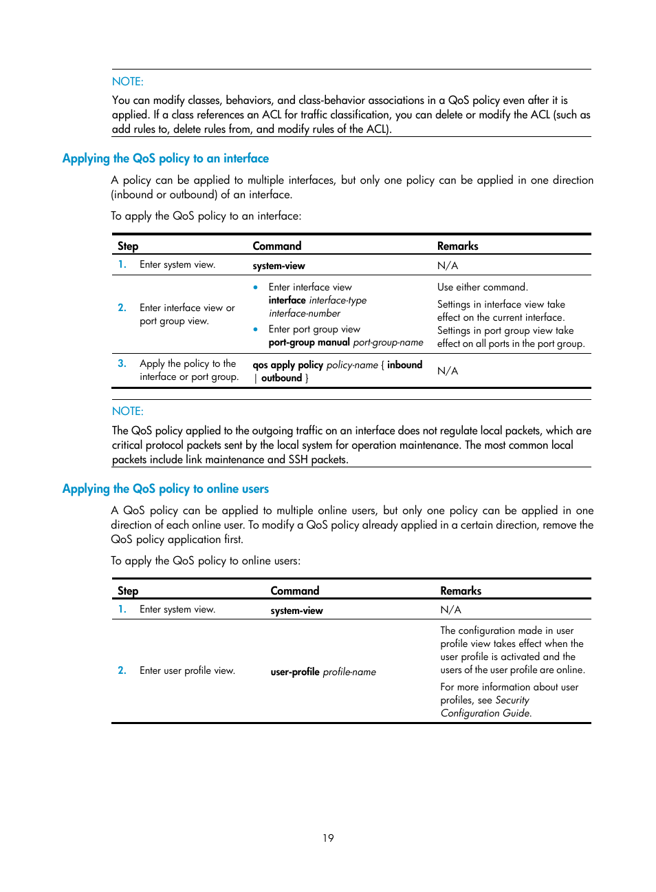 Applying the qos policy to an interface, Applying the qos policy to online users | H3C Technologies H3C WX3000E Series Wireless Switches User Manual | Page 28 / 63