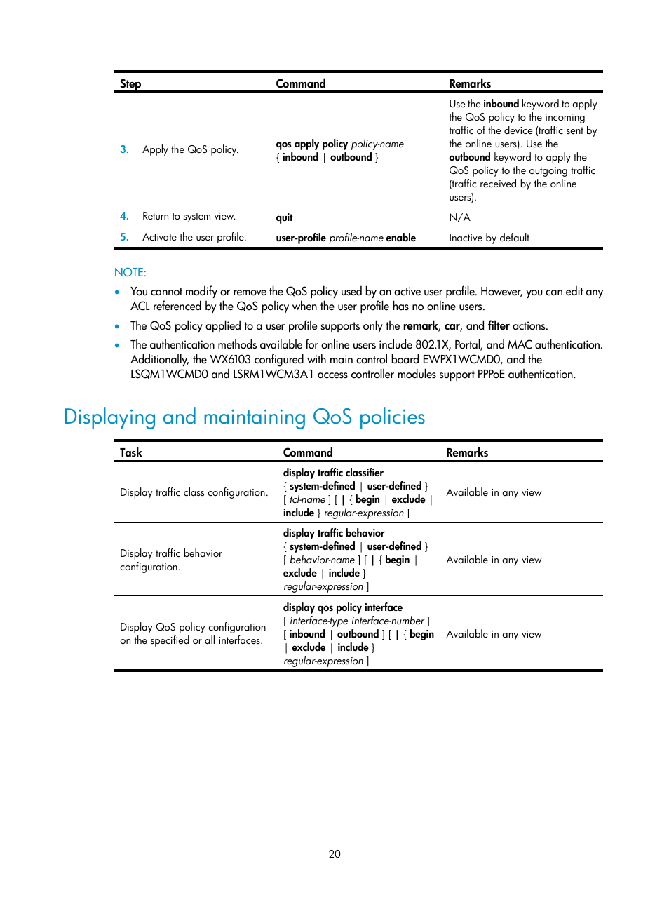 Displaying and maintaining qos policies | H3C Technologies H3C WX3000E Series Wireless Switches User Manual | Page 29 / 63