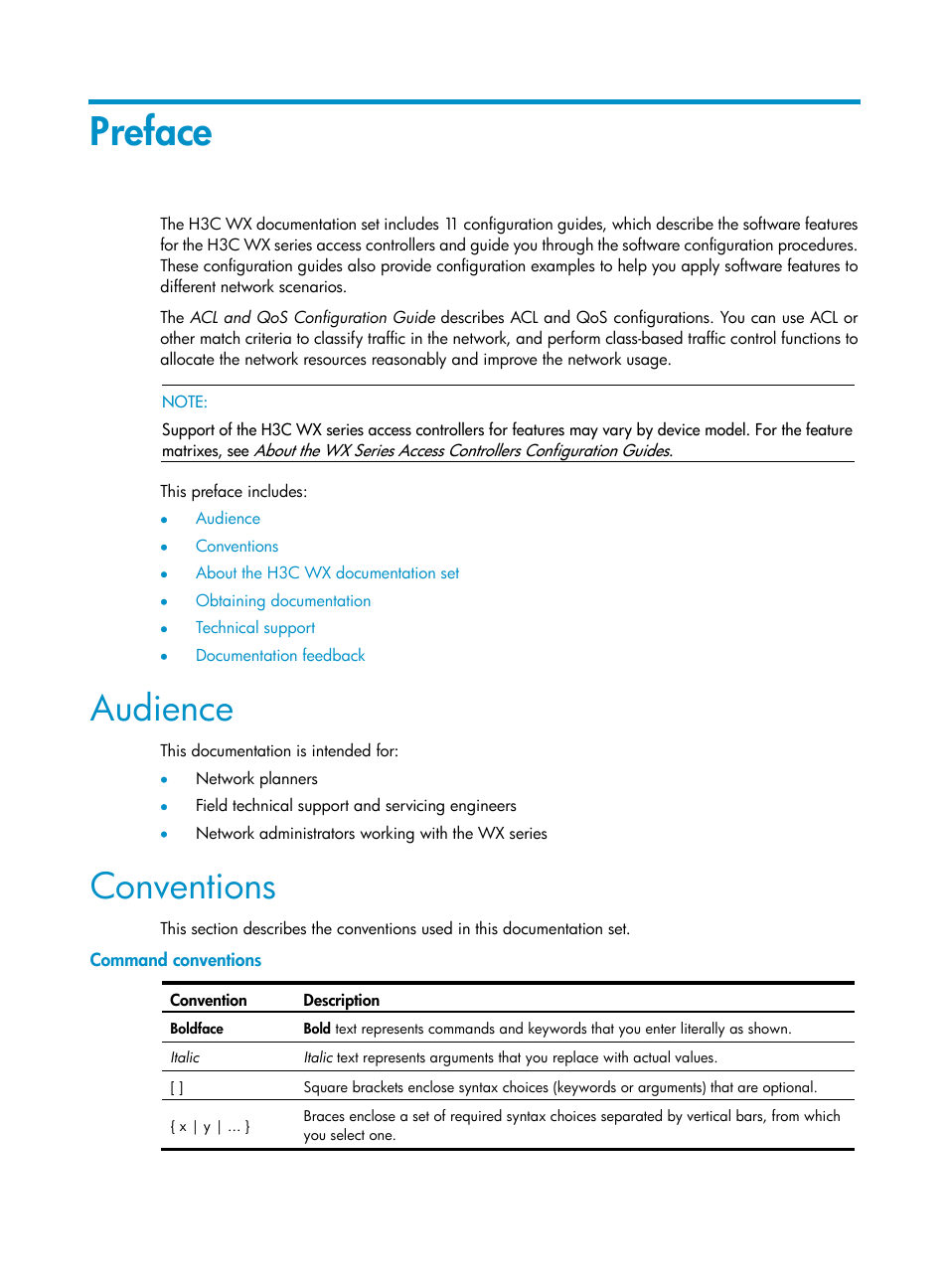 Preface, Audience, Conventions | Command conventions | H3C Technologies H3C WX3000E Series Wireless Switches User Manual | Page 3 / 63