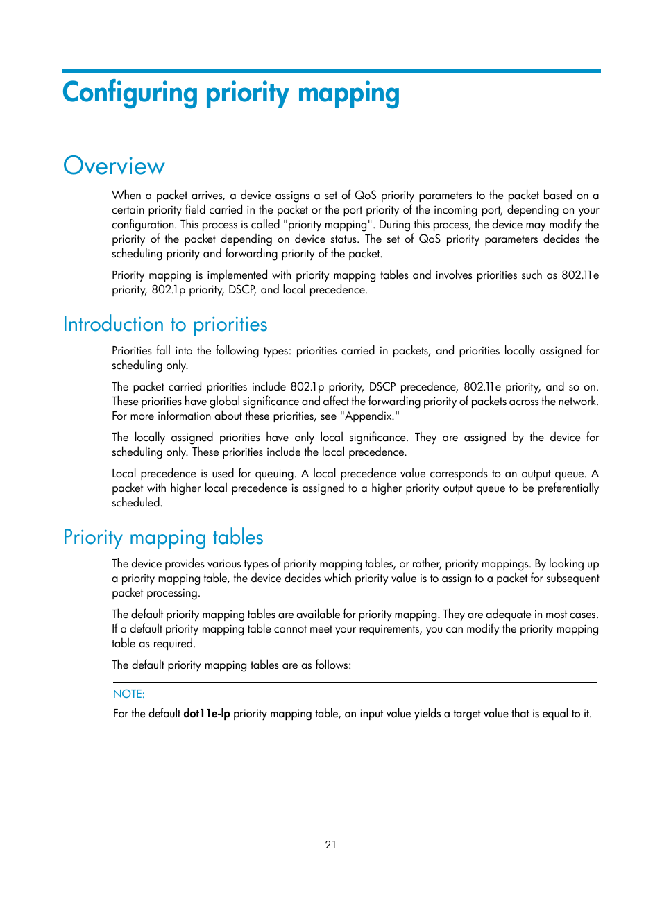 Configuring priority mapping, Overview, Introduction to priorities | Priority mapping tables | H3C Technologies H3C WX3000E Series Wireless Switches User Manual | Page 30 / 63