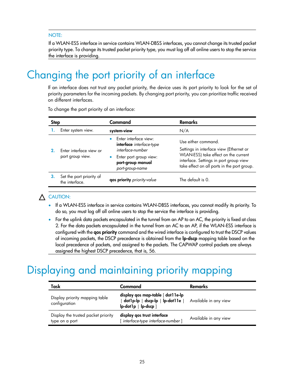 Changing the port priority of an interface, Displaying and maintaining priority mapping | H3C Technologies H3C WX3000E Series Wireless Switches User Manual | Page 34 / 63