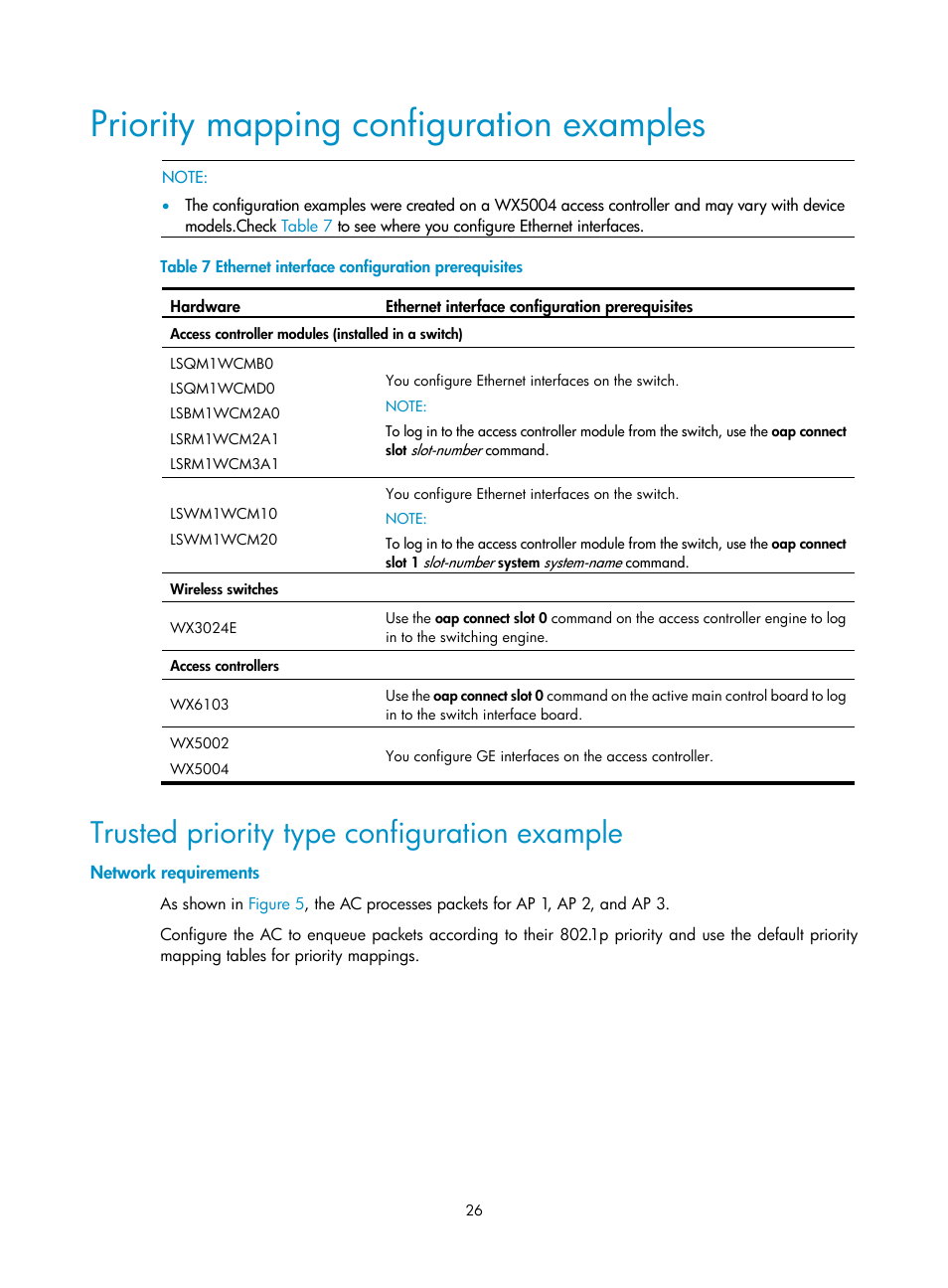 Priority mapping configuration examples, Trusted priority type configuration example, Network requirements | H3C Technologies H3C WX3000E Series Wireless Switches User Manual | Page 35 / 63