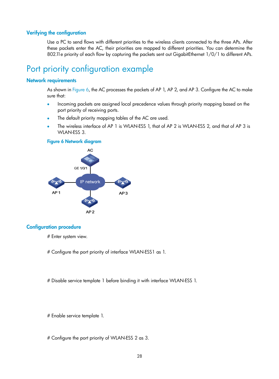 Verifying the configuration, Port priority configuration example, Network requirements | Configuration procedure | H3C Technologies H3C WX3000E Series Wireless Switches User Manual | Page 37 / 63