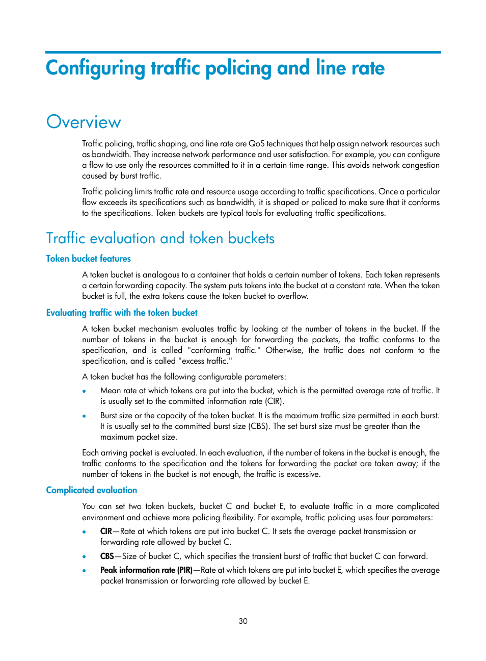 Configuring traffic policing and line rate, Overview, Traffic evaluation and token buckets | Token bucket features, Evaluating traffic with the token bucket, Complicated evaluation | H3C Technologies H3C WX3000E Series Wireless Switches User Manual | Page 39 / 63