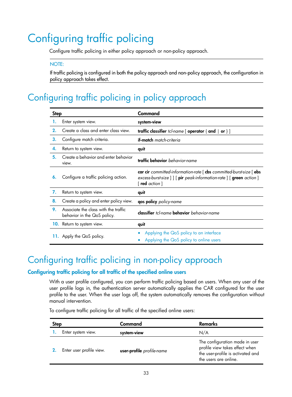 Configuring traffic policing, Configuring traffic policing in policy approach | H3C Technologies H3C WX3000E Series Wireless Switches User Manual | Page 42 / 63