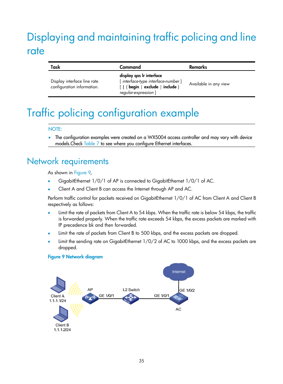 Traffic policing configuration example, Network requirements | H3C Technologies H3C WX3000E Series Wireless Switches User Manual | Page 44 / 63