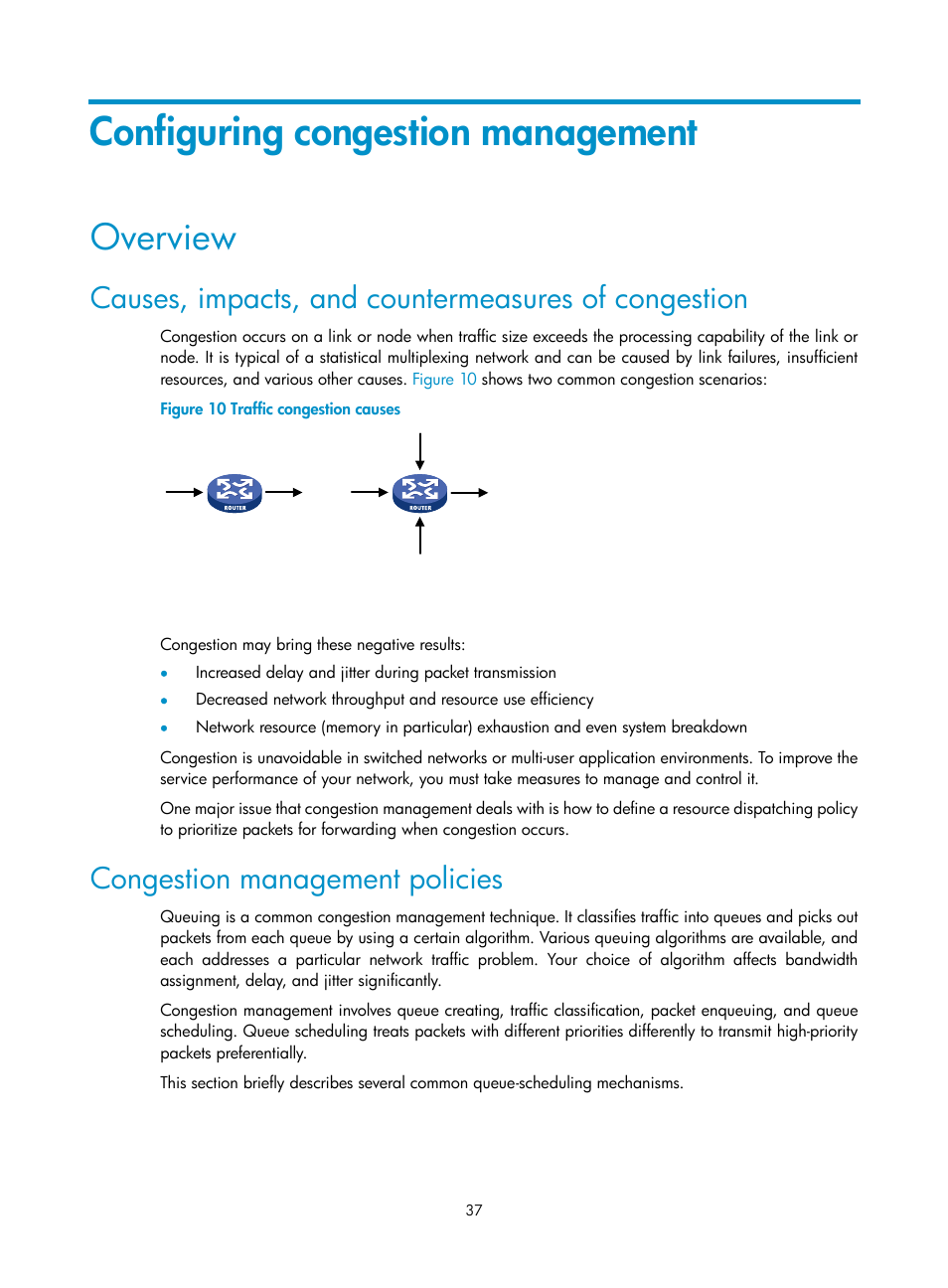 Configuring congestion management, Overview, Causes, impacts, and countermeasures of congestion | Congestion management policies | H3C Technologies H3C WX3000E Series Wireless Switches User Manual | Page 46 / 63