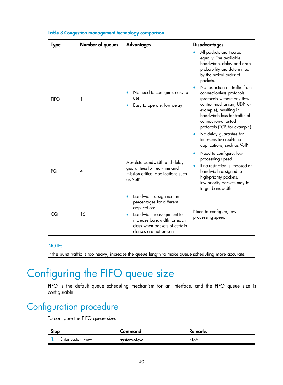 Configuring the fifo queue size, Configuration procedure | H3C Technologies H3C WX3000E Series Wireless Switches User Manual | Page 49 / 63