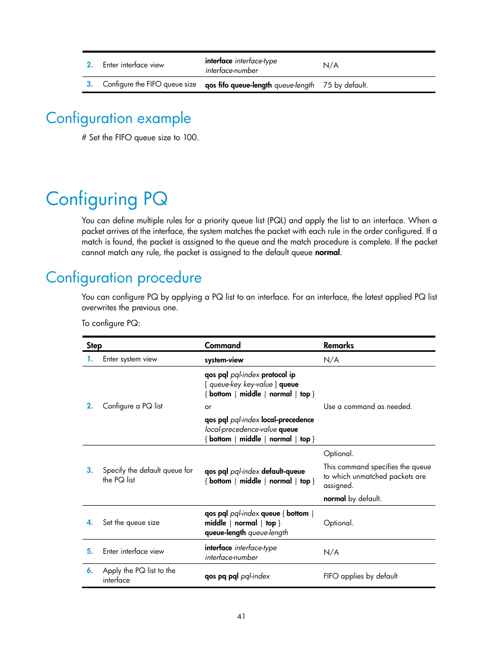 Configuration example, Configuring pq, Configuration procedure | H3C Technologies H3C WX3000E Series Wireless Switches User Manual | Page 50 / 63