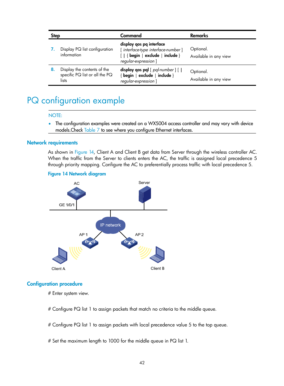 Pq configuration example, Network requirements, Configuration procedure | H3C Technologies H3C WX3000E Series Wireless Switches User Manual | Page 51 / 63