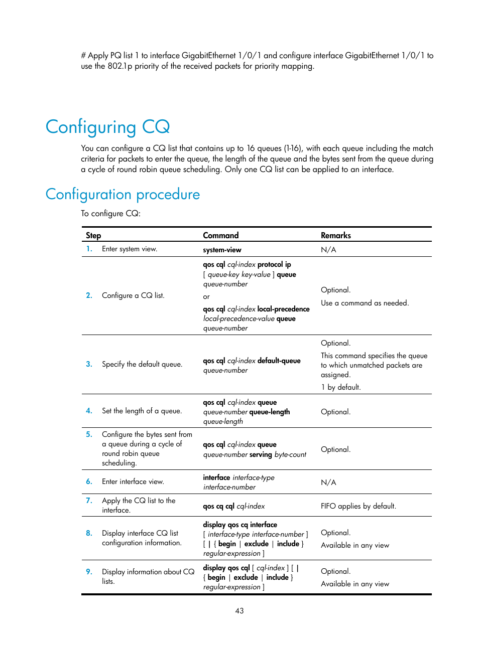 Configuring cq, Configuration procedure | H3C Technologies H3C WX3000E Series Wireless Switches User Manual | Page 52 / 63