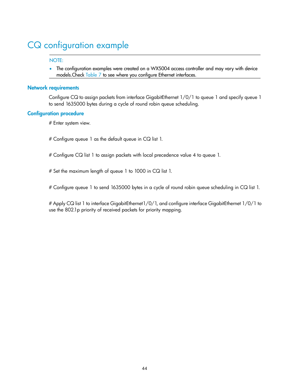 Cq configuration example, Network requirements, Configuration procedure | H3C Technologies H3C WX3000E Series Wireless Switches User Manual | Page 53 / 63