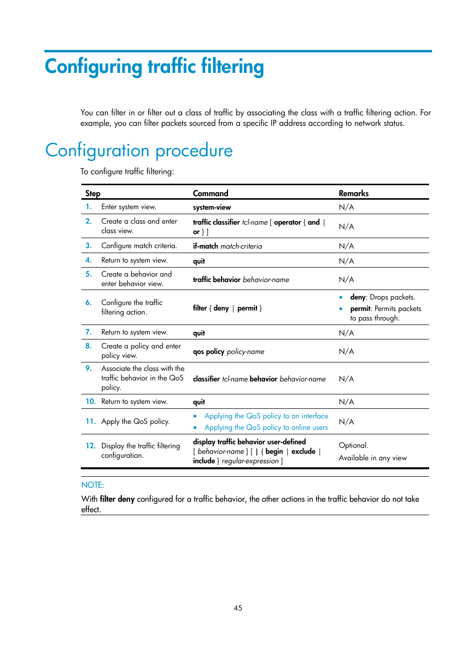 Configuring traffic filtering, Configuration procedure | H3C Technologies H3C WX3000E Series Wireless Switches User Manual | Page 54 / 63