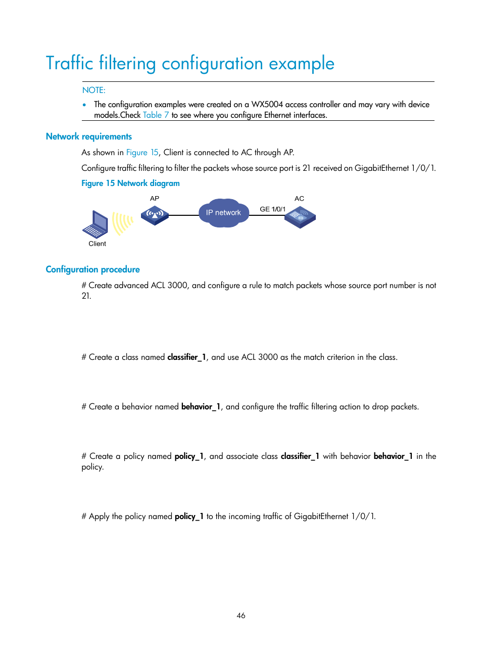 Traffic filtering configuration example, Network requirements, Configuration procedure | H3C Technologies H3C WX3000E Series Wireless Switches User Manual | Page 55 / 63