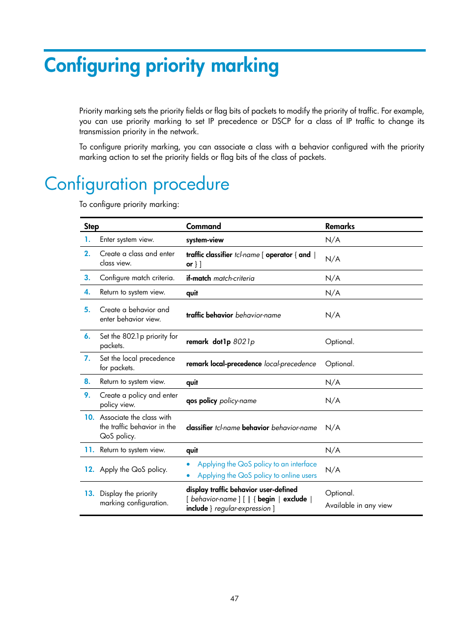 Configuring priority marking, Configuration procedure | H3C Technologies H3C WX3000E Series Wireless Switches User Manual | Page 56 / 63