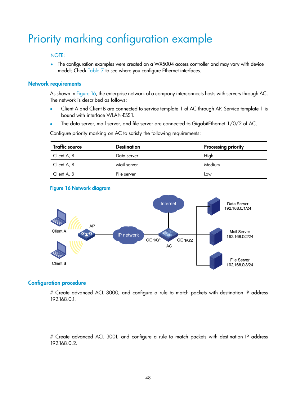 Priority marking configuration example, Network requirements, Configuration procedure | H3C Technologies H3C WX3000E Series Wireless Switches User Manual | Page 57 / 63