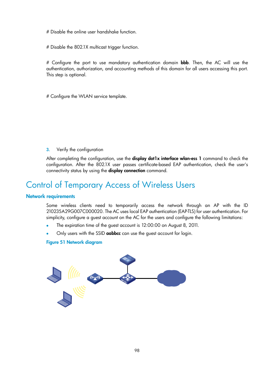 Control of temporary access of wireless users, Network requirements | H3C Technologies H3C WX3000E Series Wireless Switches User Manual | Page 112 / 394
