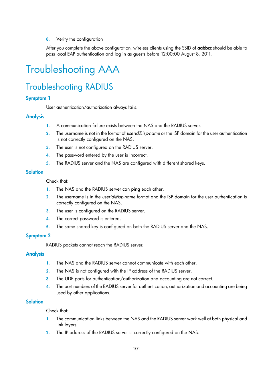 Troubleshooting aaa, Troubleshooting radius, Symptom 1 | Analysis, Solution, Symptom 2 | H3C Technologies H3C WX3000E Series Wireless Switches User Manual | Page 115 / 394