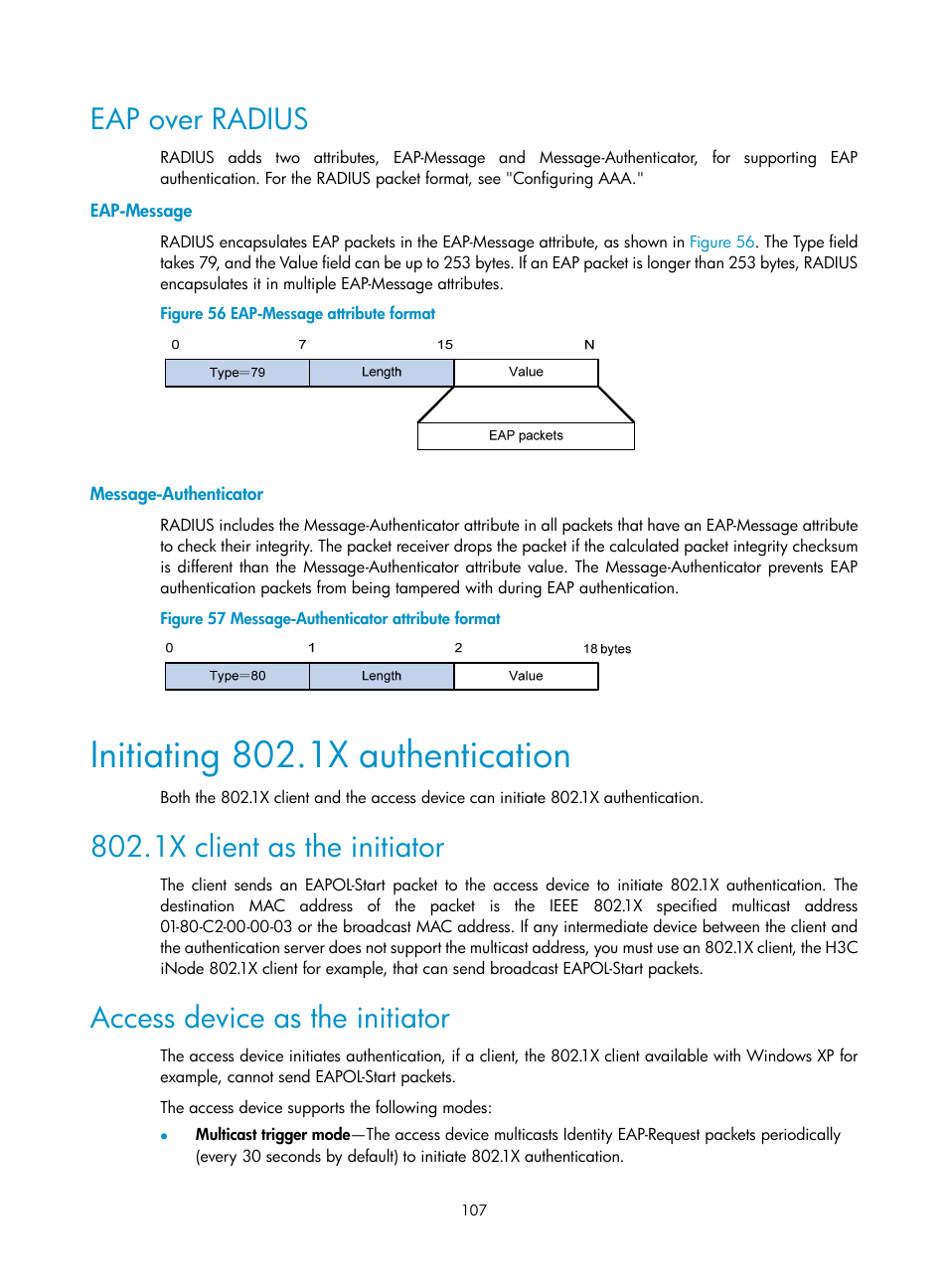 Eap over radius, Eap-message, Message-authenticator | Initiating 802.1x authentication, 1x client as the initiator, Access device as the initiator | H3C Technologies H3C WX3000E Series Wireless Switches User Manual | Page 121 / 394