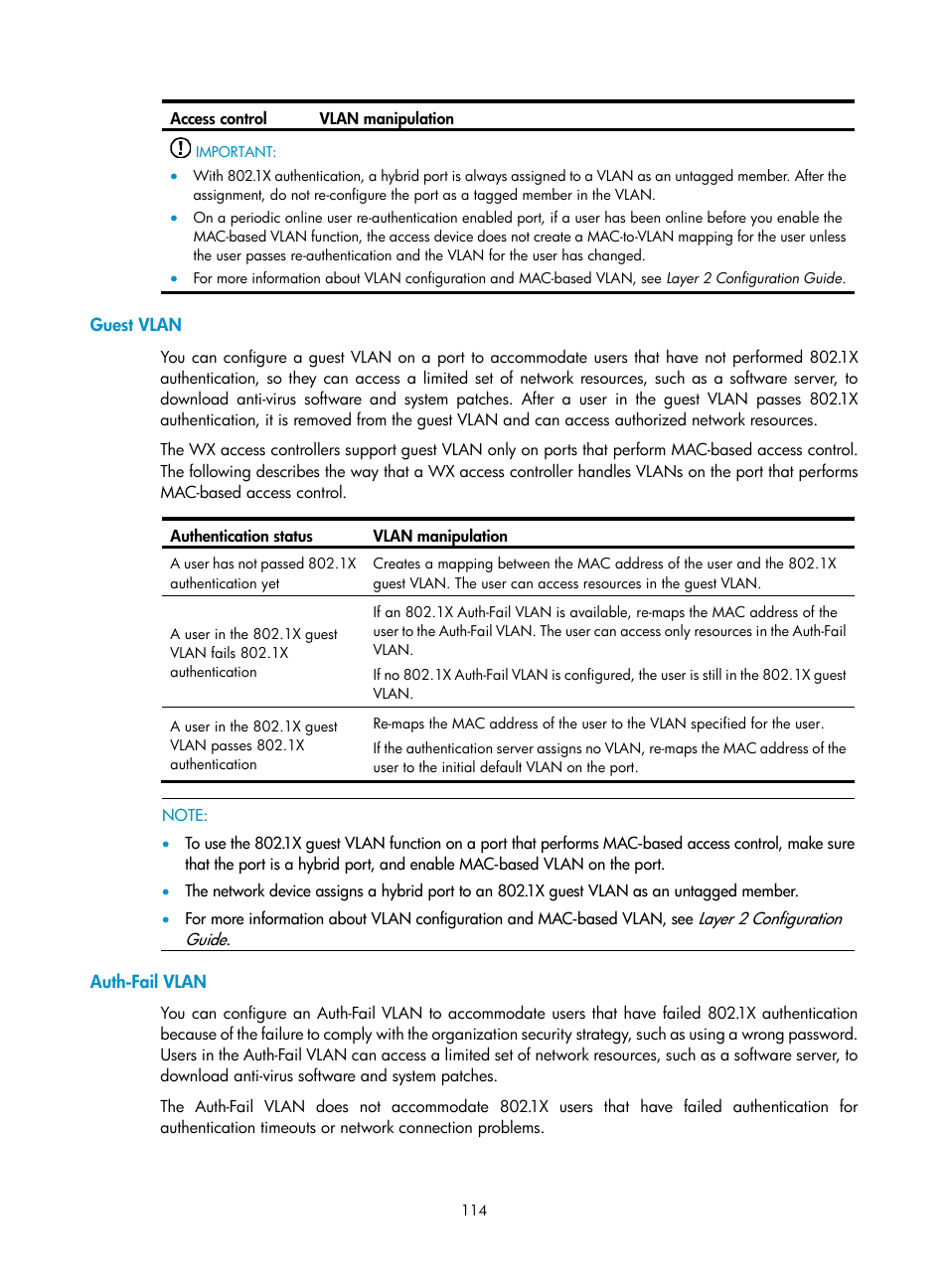 Guest vlan, Auth-fail vlan | H3C Technologies H3C WX3000E Series Wireless Switches User Manual | Page 128 / 394