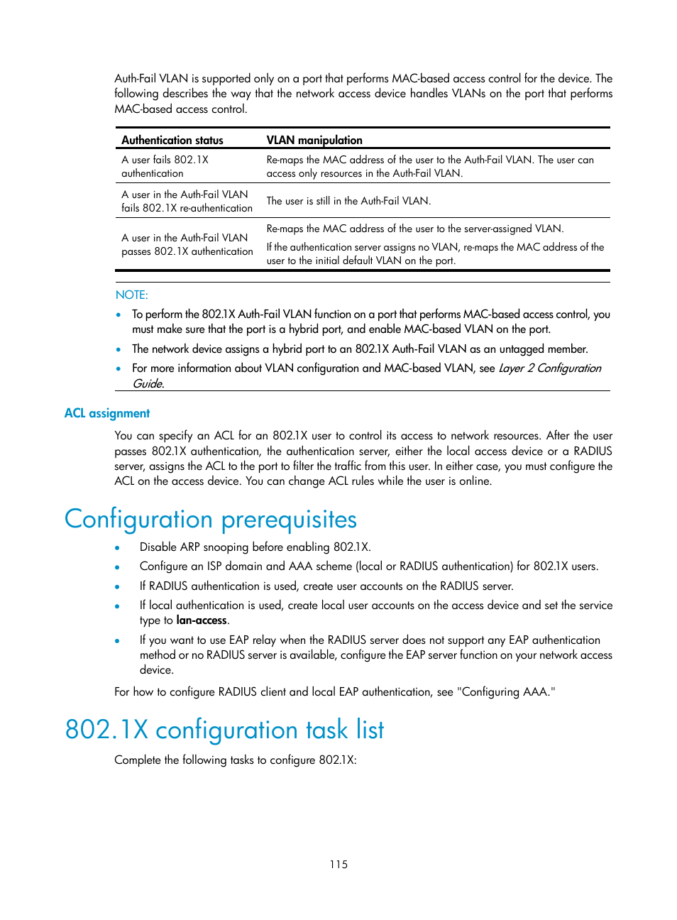 Acl assignment, Configuration prerequisites, 1x configuration task list | H3C Technologies H3C WX3000E Series Wireless Switches User Manual | Page 129 / 394